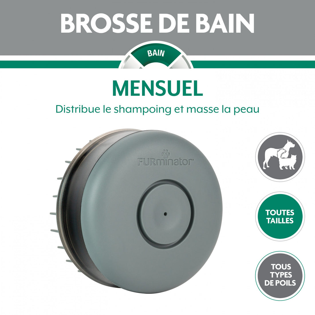 Brosse de bain avec réservoir pour shampoing chien, chat